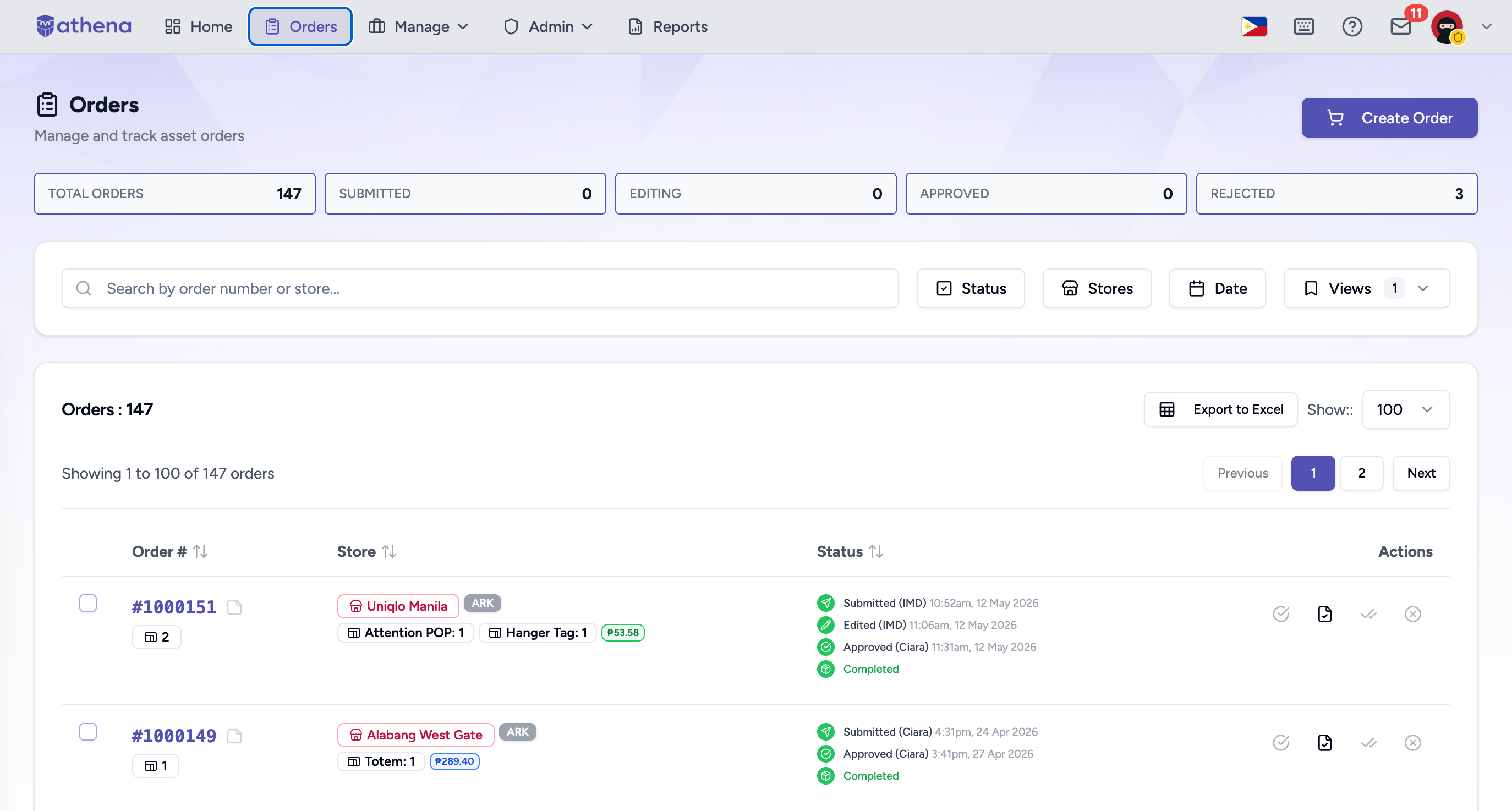 Athena Orders page showing 147 total orders across stores with status pills, search and filter controls, and a Create Order action.